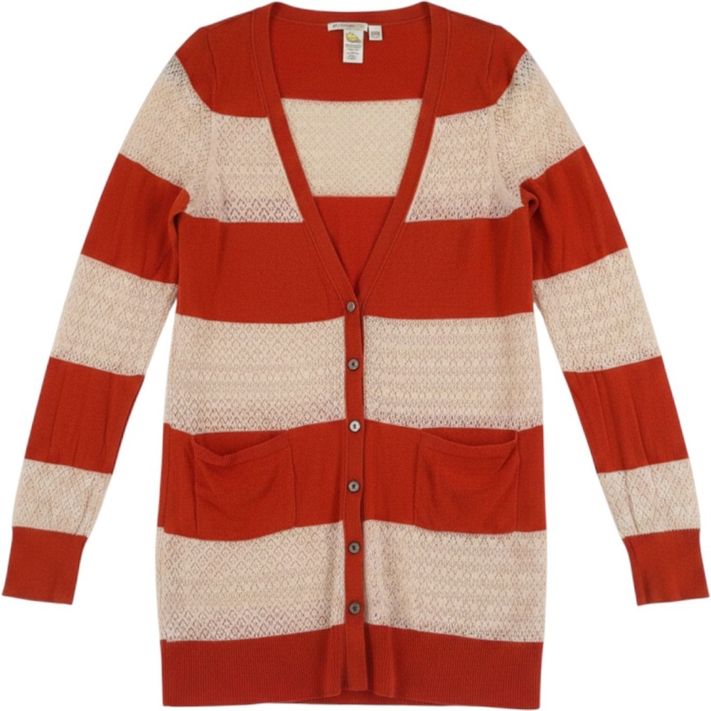 Moth Anthropologie Orange Ivory Stripe Linen Cotton Cardigan L Boho Coastal